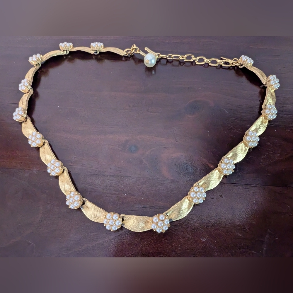 Crown Trifari Ribbon and Floral Pearls Necklace - 16 inch adjustable choker